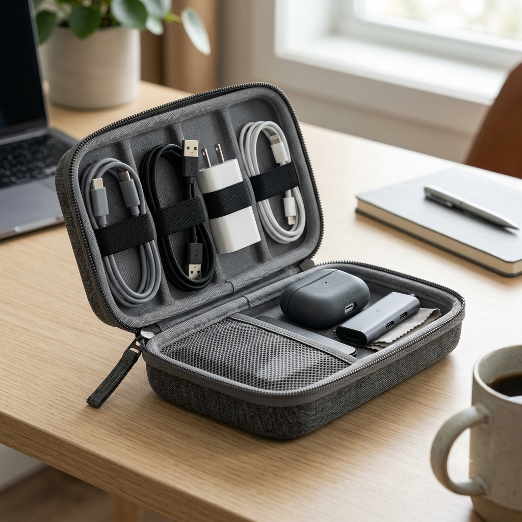 Solo Stone Molded Tech Case with cables and accessories inside on a modern desk