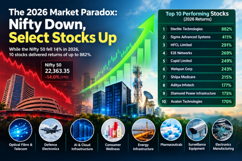 Top 10 best-performing Indian stocks in 2026, showing Nifty 50 decline and stock gains of up to 882%.