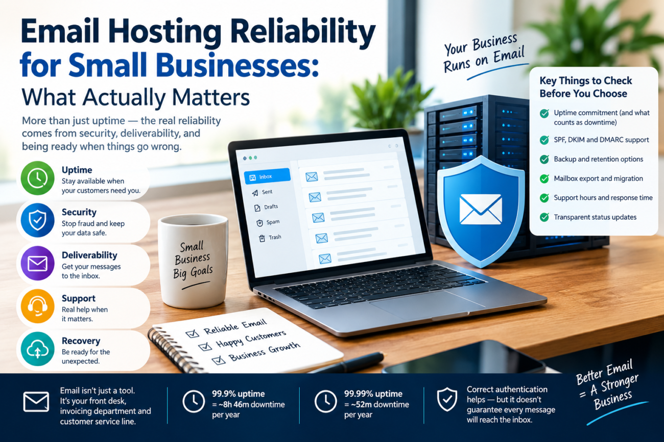 Infographic showing email hosting reliability for small businesses, including uptime, email security, deliverability, support, and recovery.